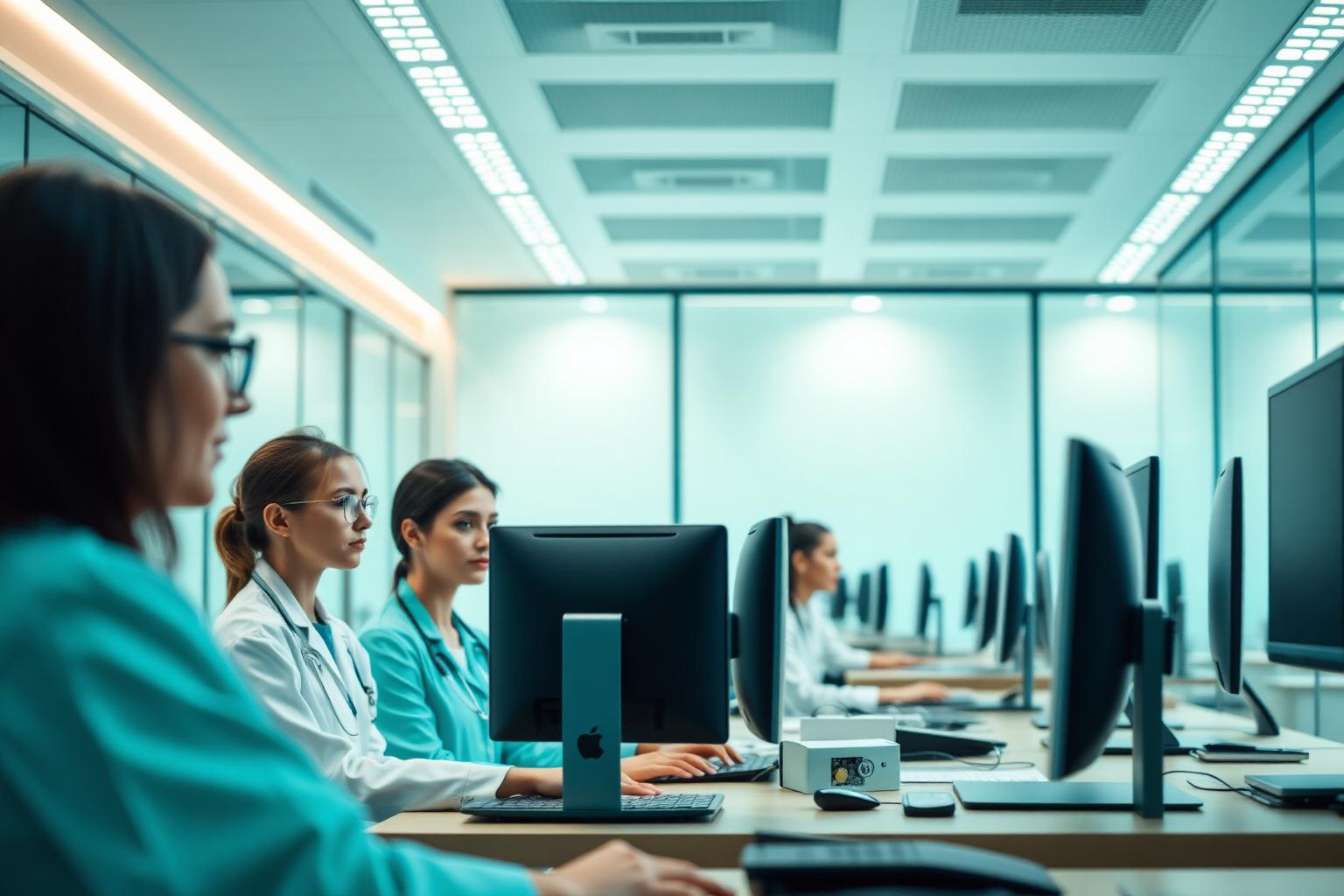 Healthcare admin team at workstations